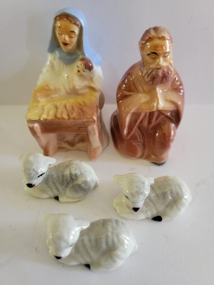 Ceramic nativity scene with lambs.