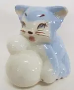 Blue and white ceramic cat figurine.