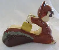 Ceramic squirrel holding a spool of tape.