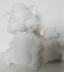 White ceramic cat and mouse figurines.