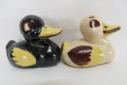 Two ceramic duck figurines, one black, one white.