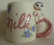 White milk mug with a squirrel handle.