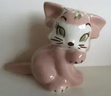 Pink ceramic kitten figurine with white flowers.